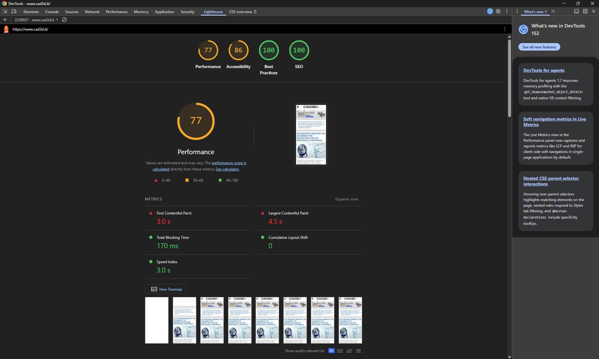 Lighthouse eseguito dai DevTools di Chrome sulla stessa pagina: performance 77, FCP 3,0 s, LCP 4,5 s, Total Blocking Time 170 ms, CLS 0