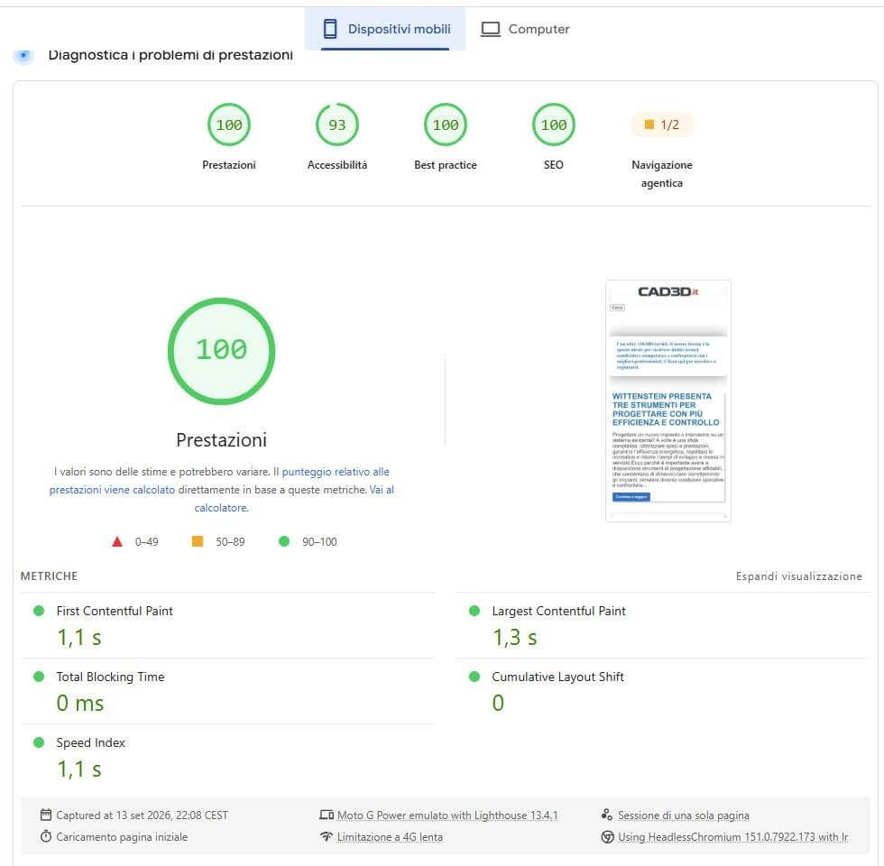 Risultato di Google PageSpeed Insights da mobile: prestazioni 100, FCP 1,1 s, LCP 1,3 s, Total Blocking Time 0 ms, CLS 0